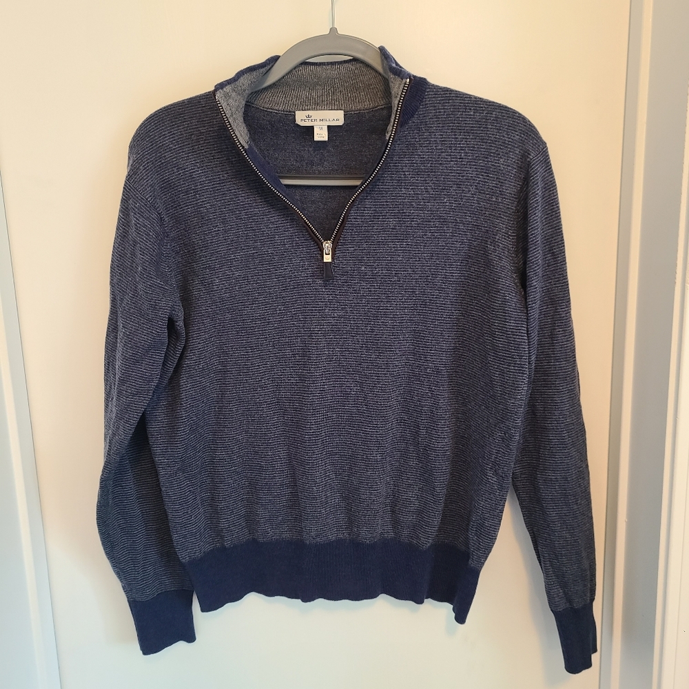 Peter Millar Men's Size Medium Sweater Blue Pinstripe100% Extrafine Merino Wool